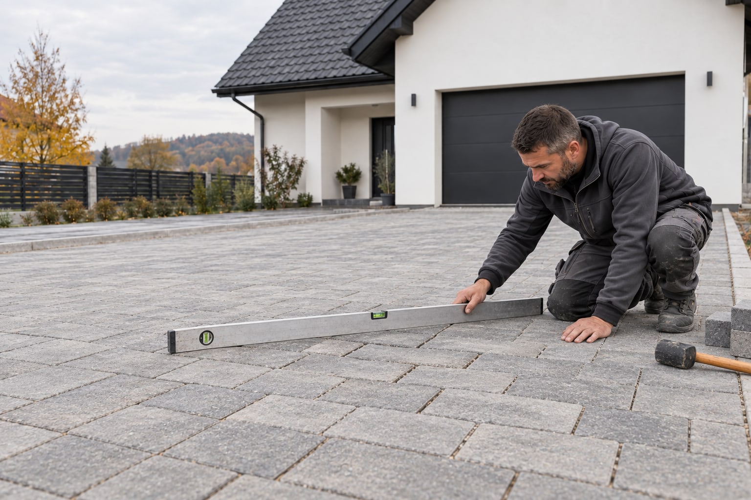 Brukarz sprawdza równość betonowej kostki na podjeździe przy użyciu długiej łaty