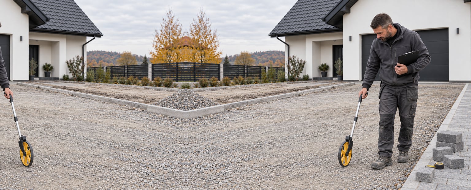 Brukarz mierzy powierzchnię przygotowanego podjazdu przed sporządzeniem wyceny
