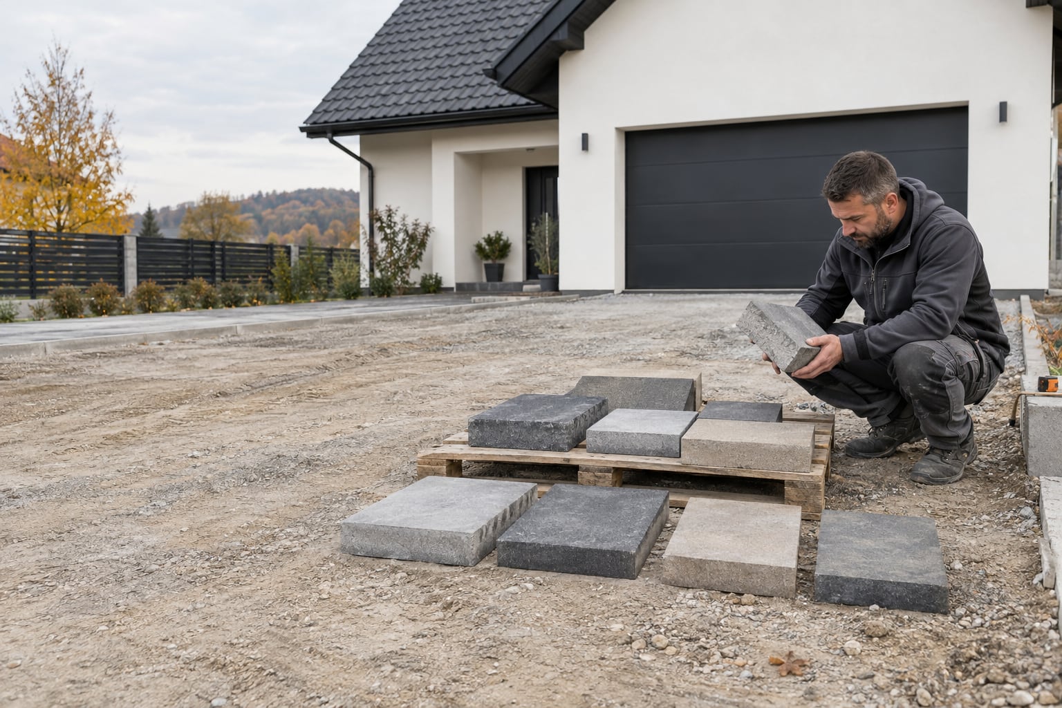 Brukarz porównuje próbki betonowej kostki na tle nowoczesnego podjazdu