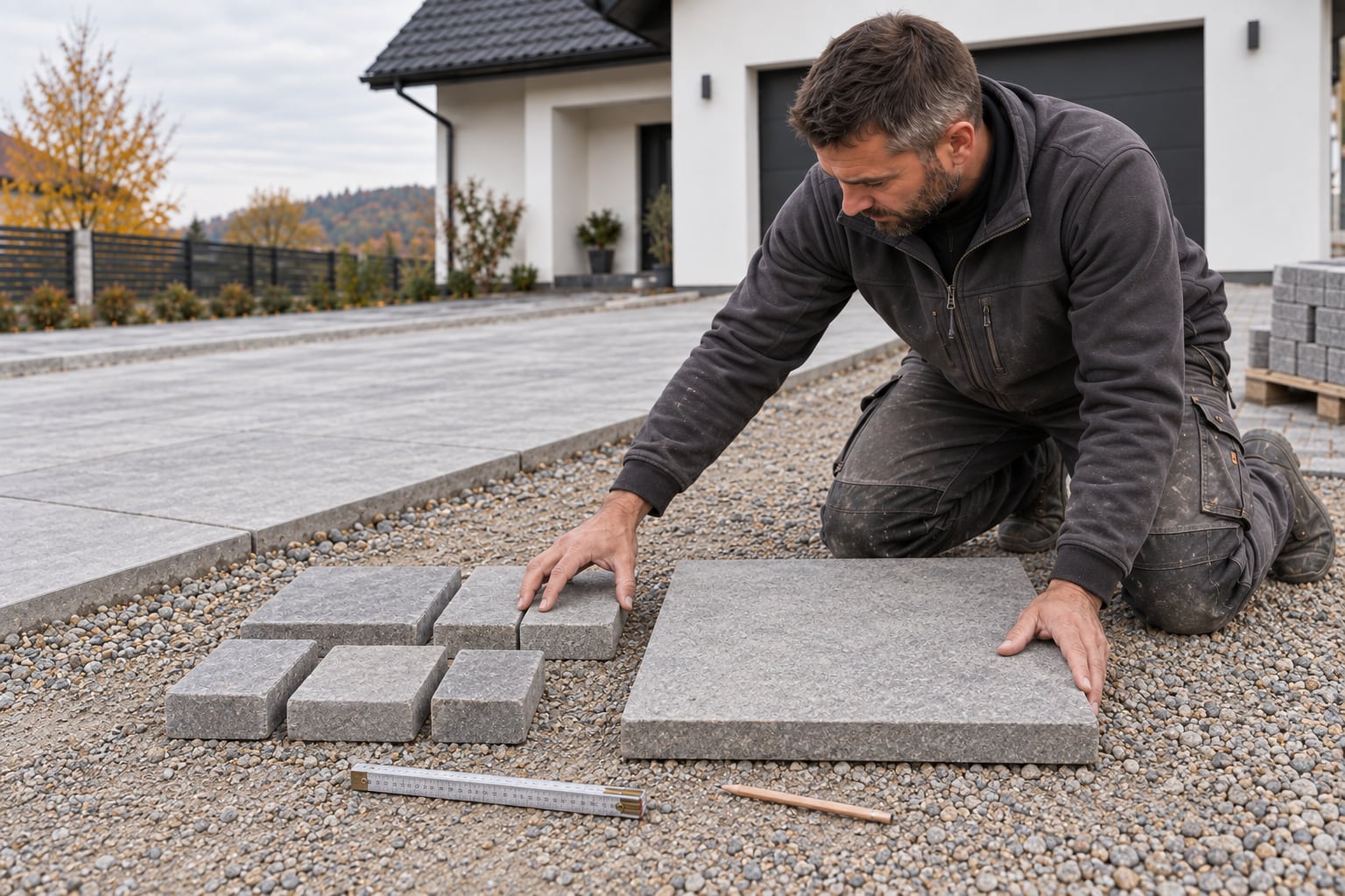 Brukarz porównuje wymiary małych elementów betonowych i dużej płyty nawierzchniowej