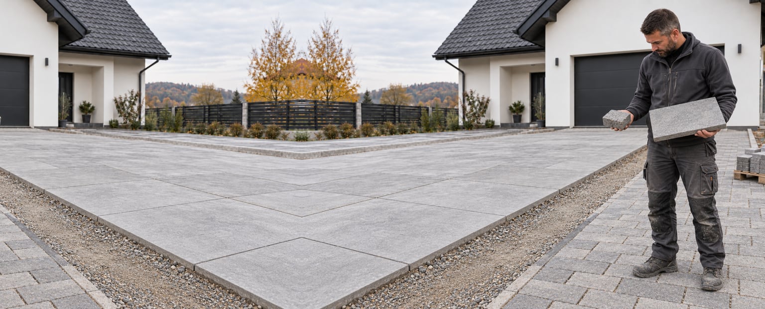 Brukarz porównuje modułową kostkę betonową i płytę wielkoformatową przy nowoczesnym podjeździe