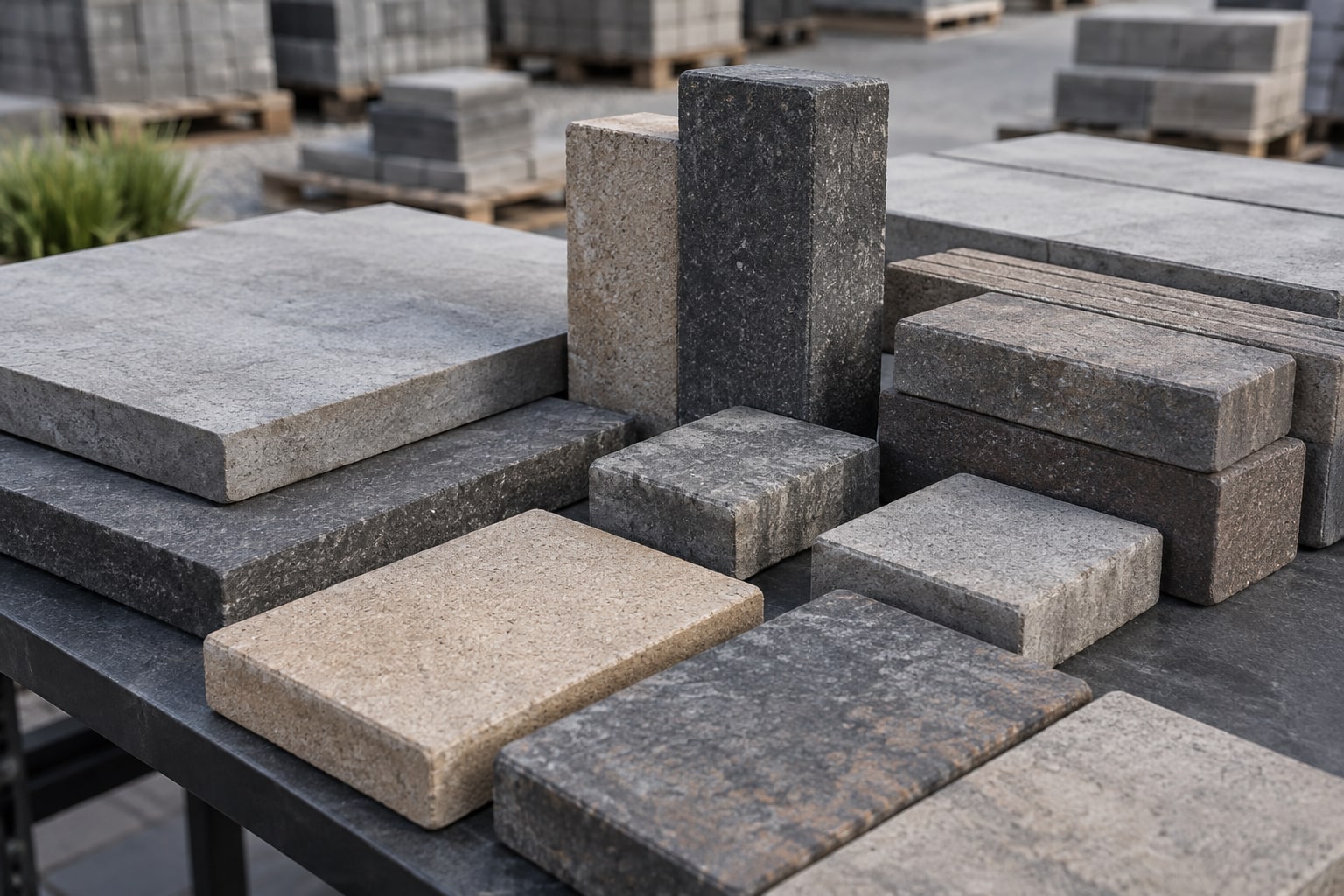 Próbki betonowych materiałów nawierzchniowych Polbruk przygotowane do porównania kolorów, formatów i faktur
