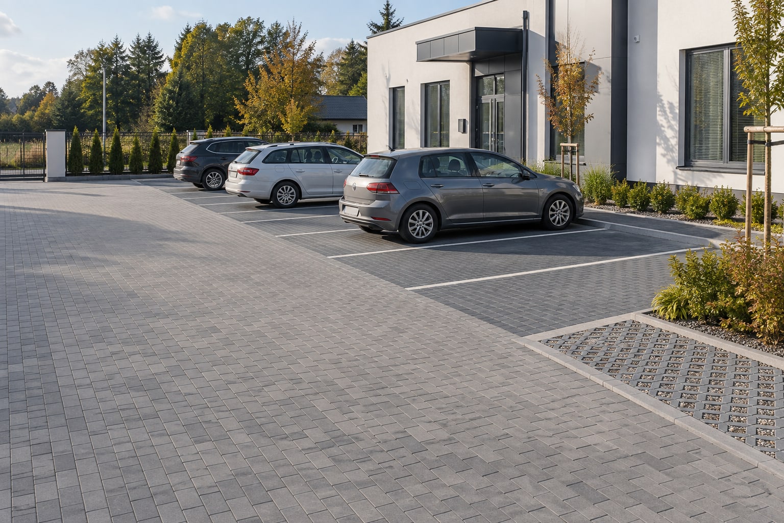 Parking z betonowej kostki brukowej przy współczesnym budynku w polskim otoczeniu