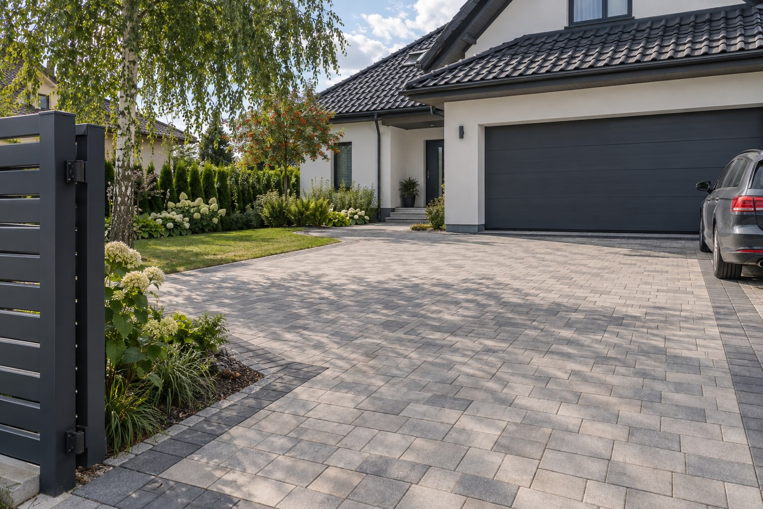Podjazd z kostki brukowej prowadzący od bramy do garażu przy polskim domu